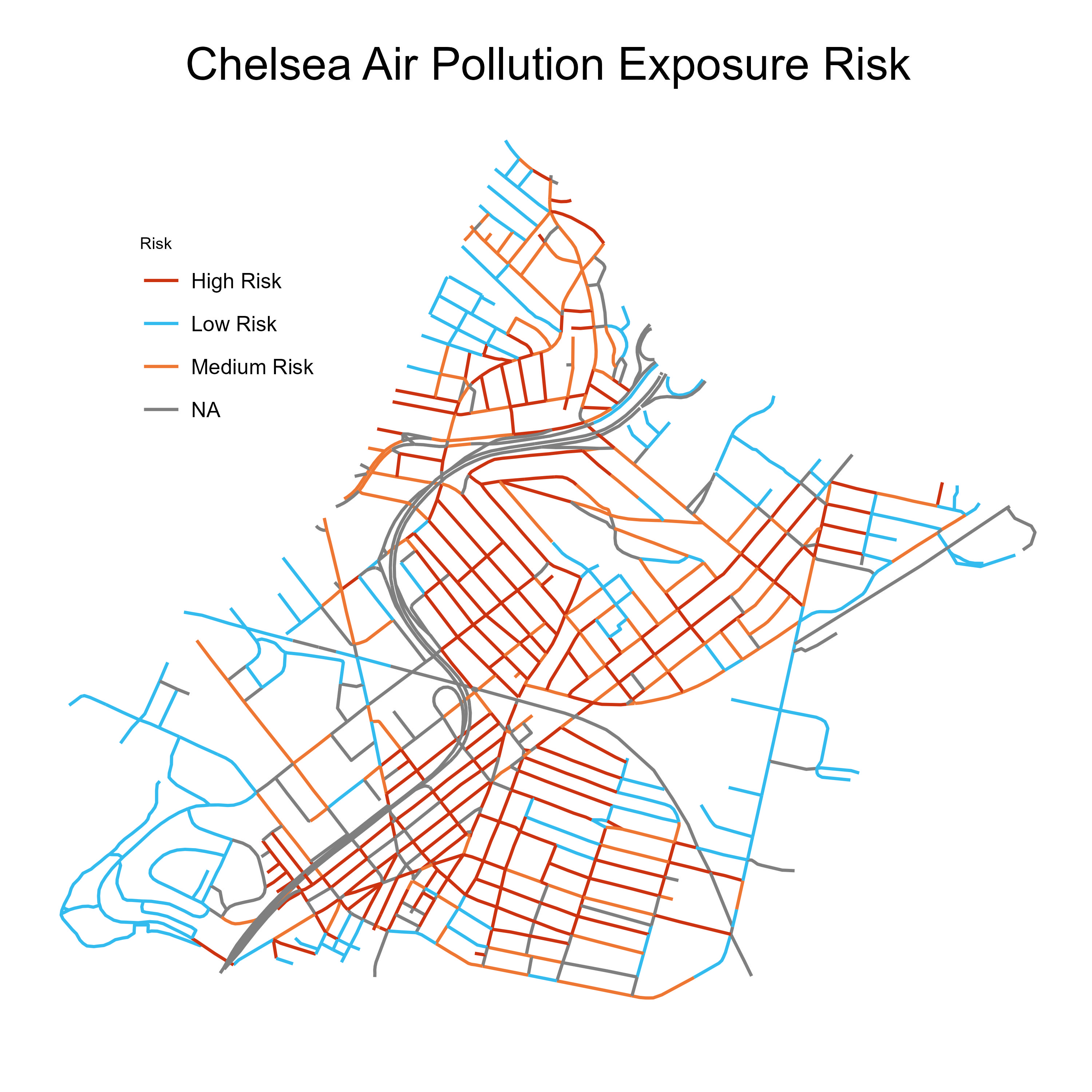 Map showing the streets of Chelsea and their individual air pollution risk