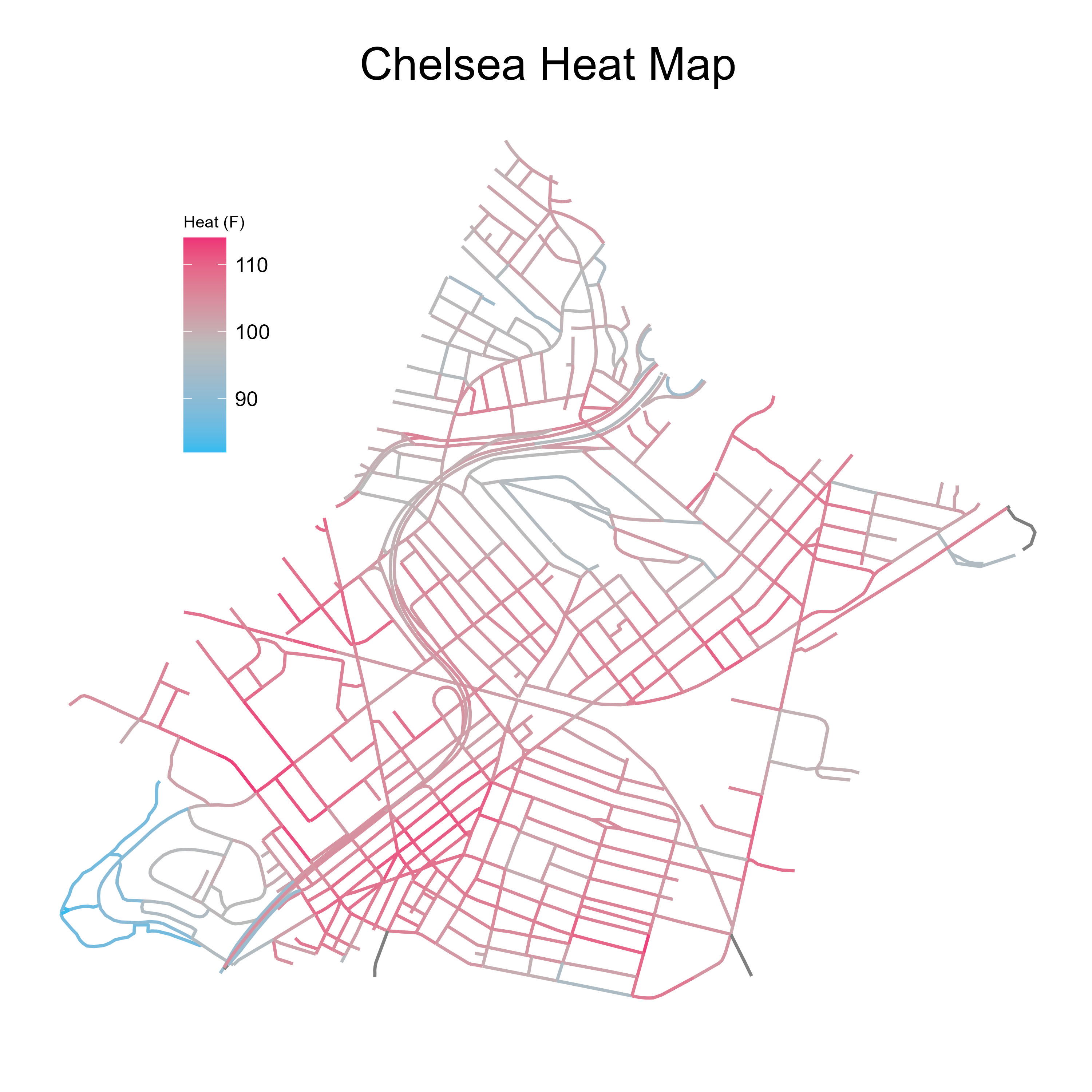 Map showing the streets of Chelsea and how hot they are