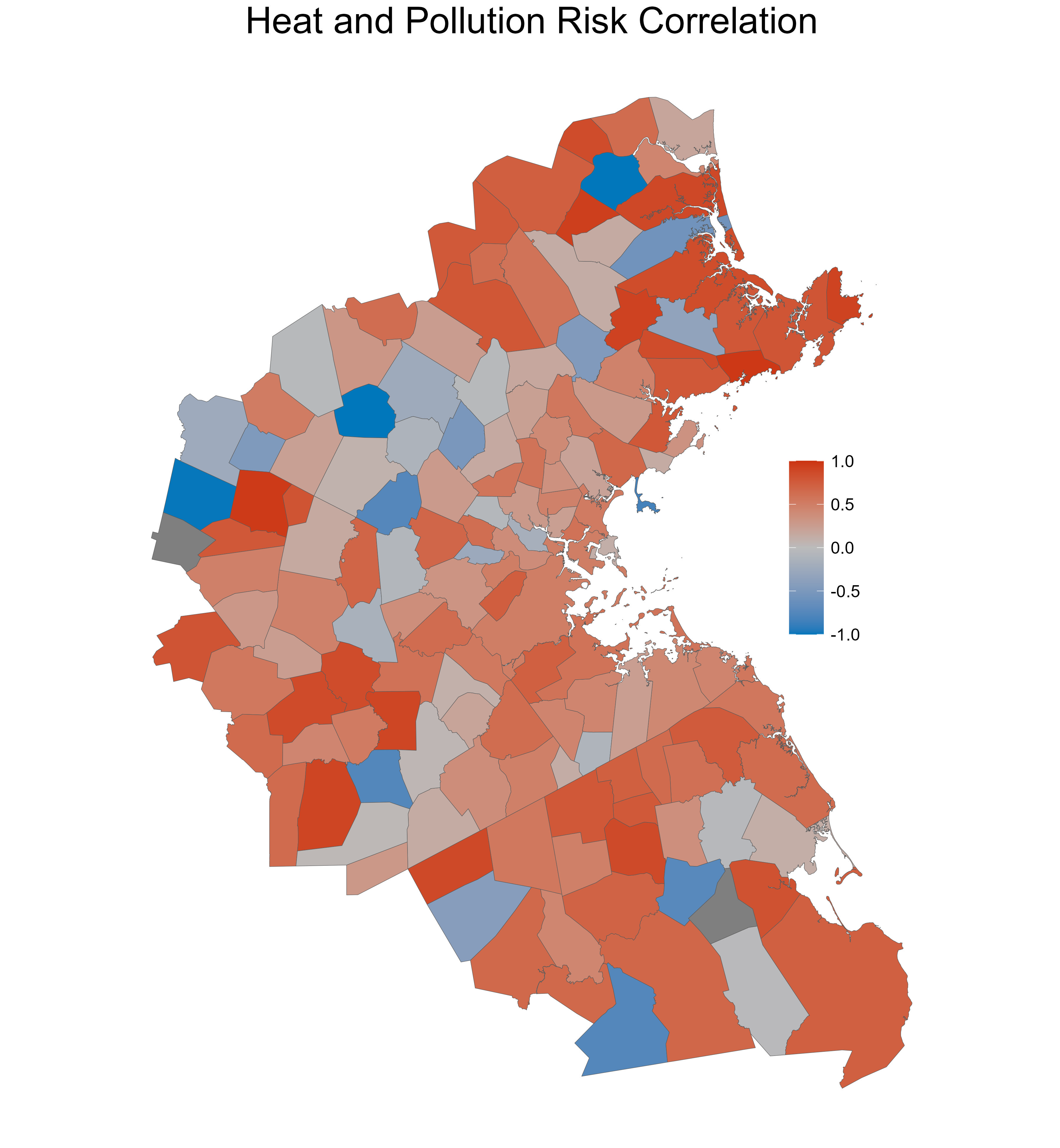 Map showing the within-town correlation between heat and air pollution