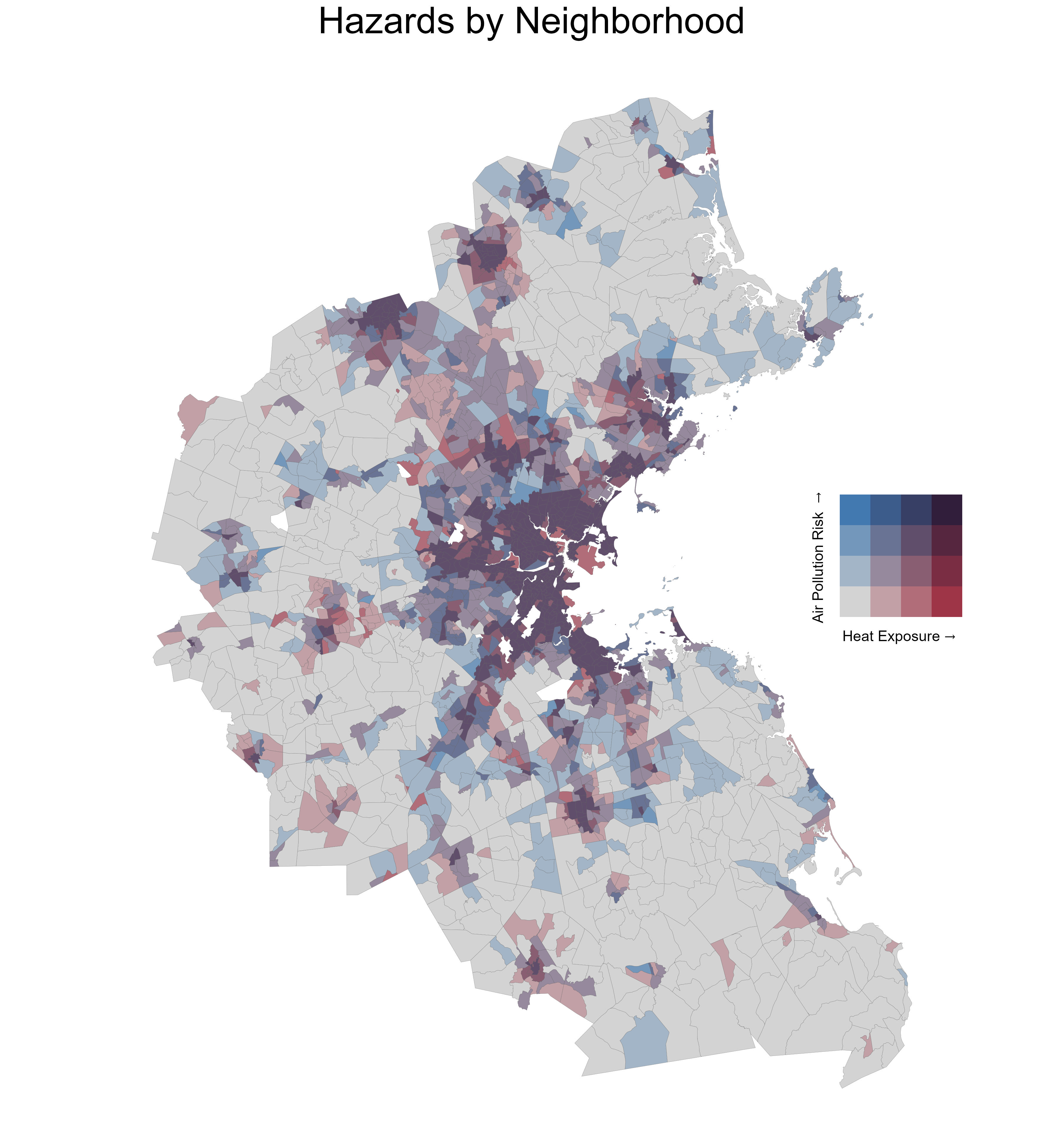 Map showing bivariate map of heat and air pollution risk