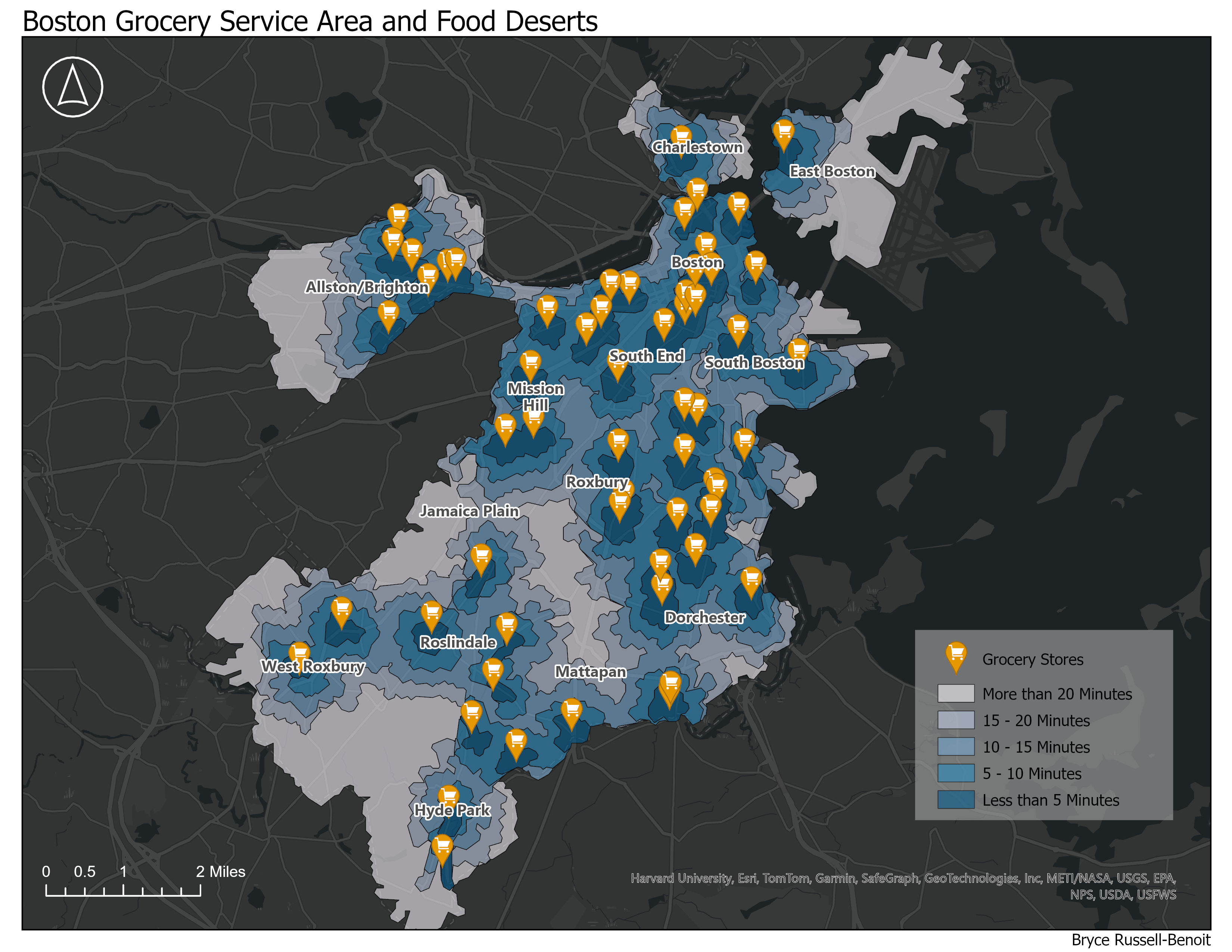 Map showing which parts of Boston are within a 20 minute walk of a grocery store